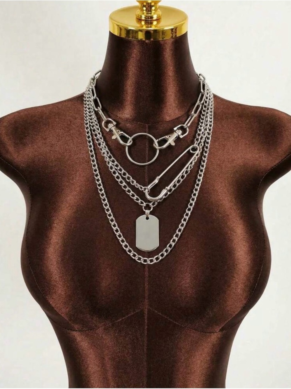 Layered Silver Chain Necklace Set with Dog Tag and Ring Accent